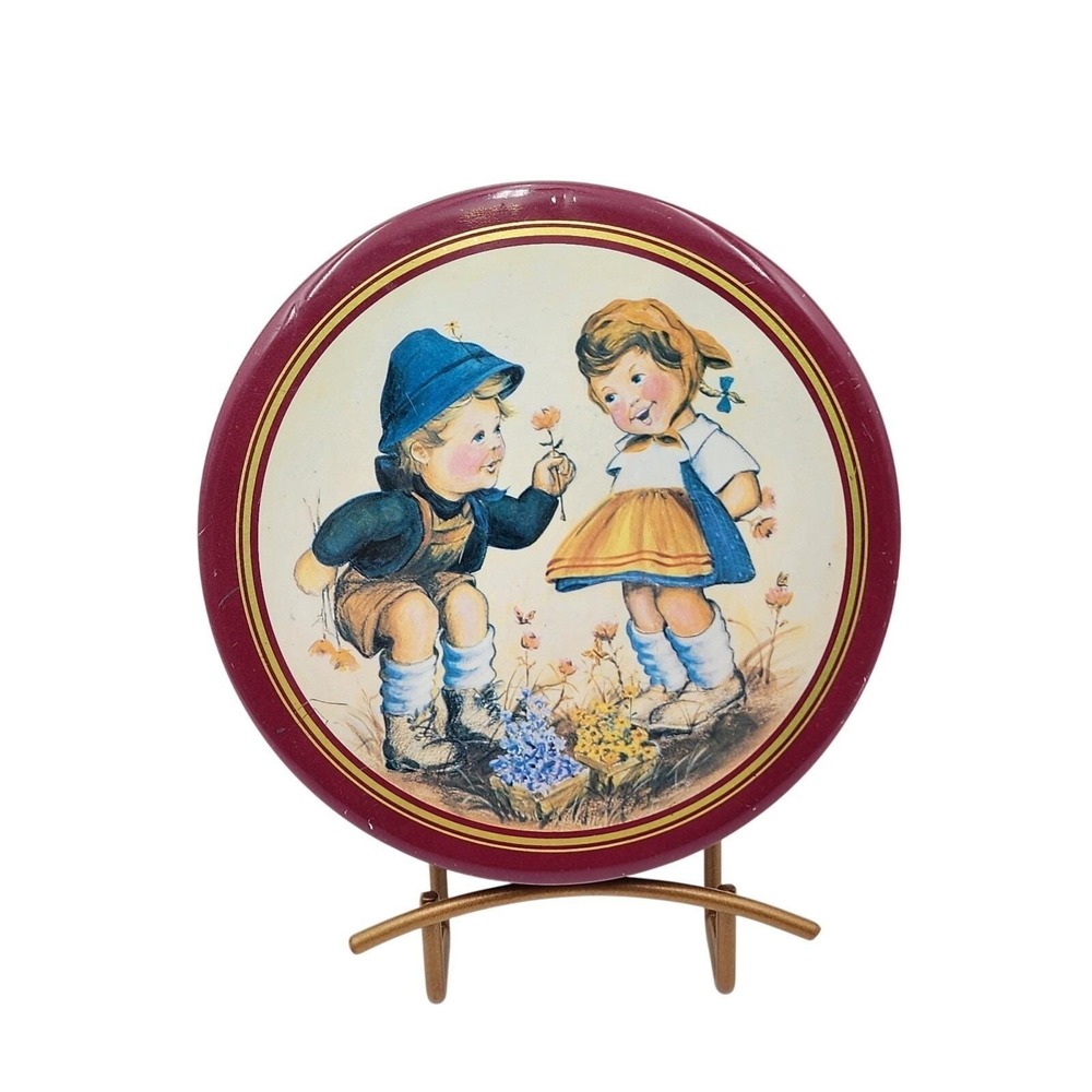 Vintage Stechlin Germany Metal Tin Hummel Style Boy Girl Round Biscuit Box
